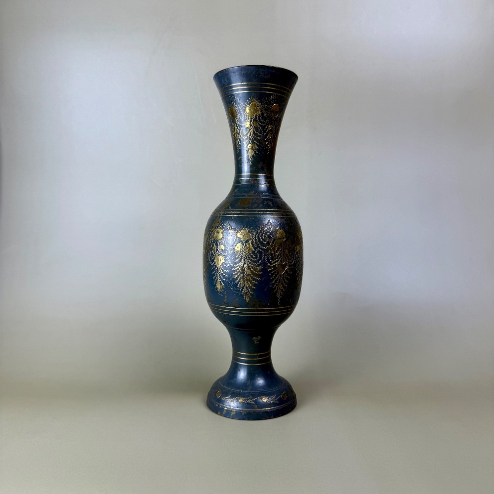 Vintage Brass Vase | Hand-Etched Floral Design | 11.75" Tall - Picture 9 of 10